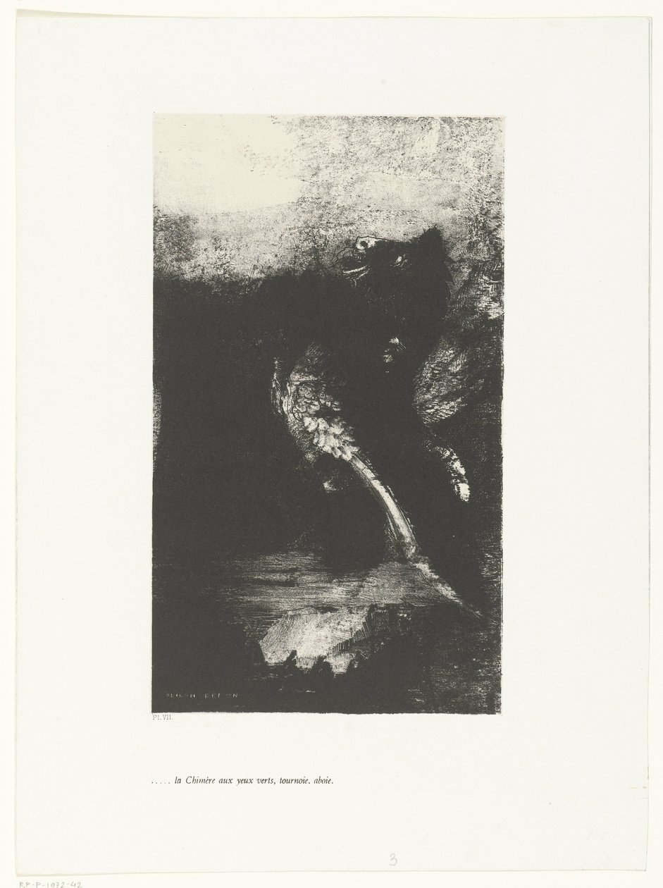 Die Chimäre mit grünen Augen, schreiend, sich drehend von Odilon Redon