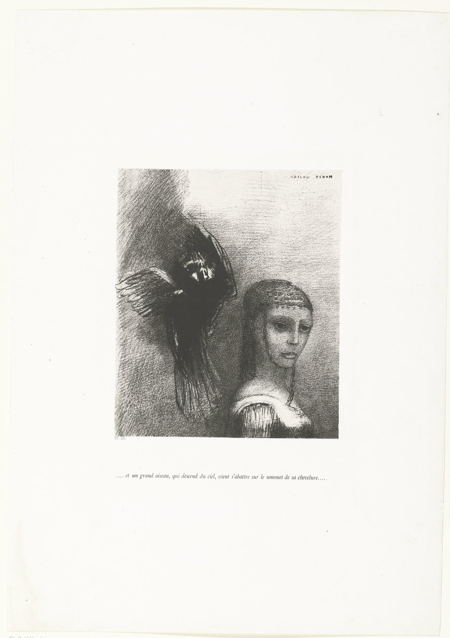 Und ein großer Vogel, der vom Himmel herabsteigt, landet auf ihrem Haarkranz von Odilon Redon