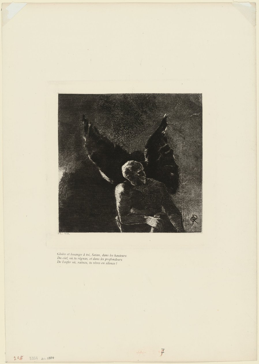 Ehre und Lob sei dir, Satan, in den Höhen des Himmels, wo du regiert hast, und in den Tiefen der Hölle, wo du besiegt in Stille träumst!, Platte 8 von 9 von Odilon Redon