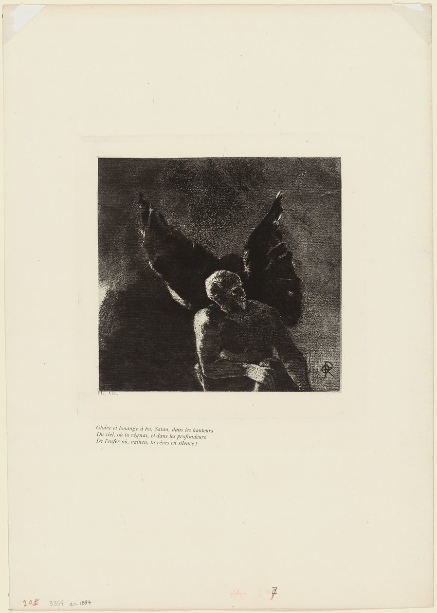 Ehre und Lob sei dir, Satan, in den Höhen des Himmels, wo du regiert hast, und in den Tiefen der Hölle, wo du, besiegt, in Stille träumst!, Platte 8 von 9 von Odilon Redon