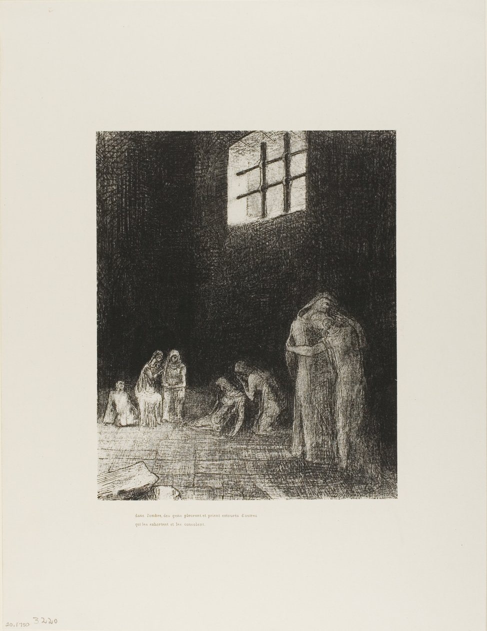 Im Schatten sind Menschen, die weinen und beten, umgeben von anderen, die sie ermahnen, Platte 6 von 24 von Odilon Redon