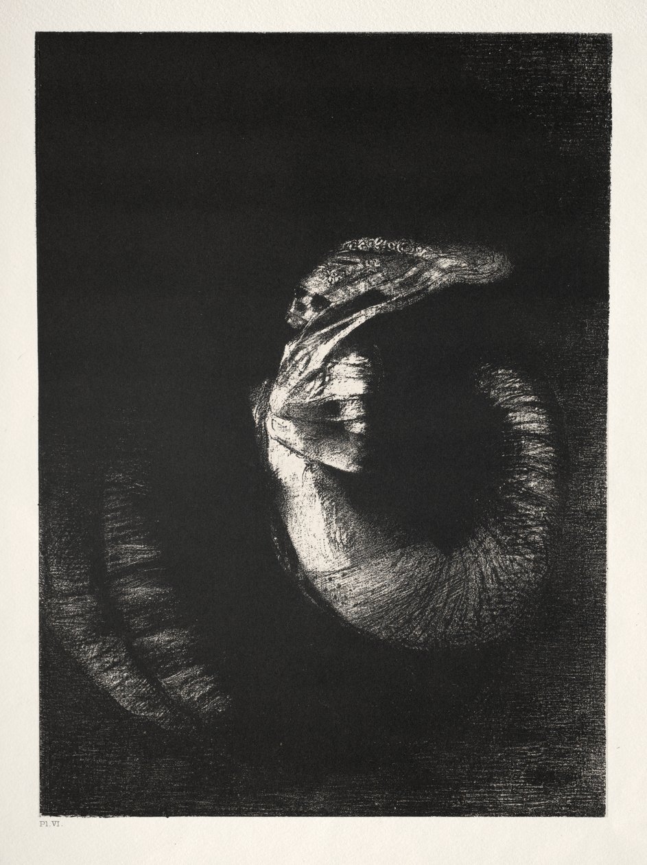 Es ist ein Schädel, der mit Rosen umkränzt ist. Er dominiert den perlmuttweißen Torso einer Frau von Odilon Redon