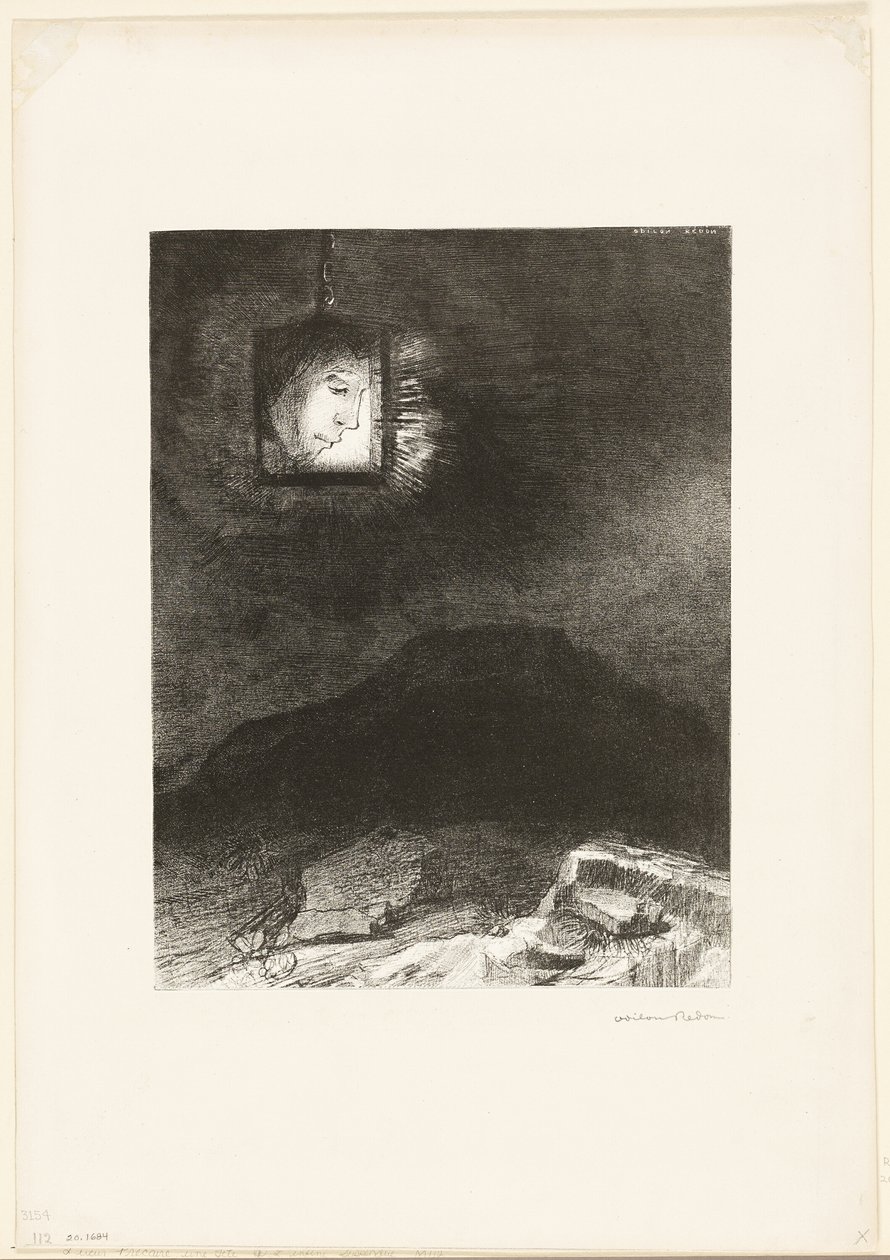 Prekäres Glitzern, ein Kopf, der von der Unendlichkeit hängt, Platte 3 von 6 von Odilon Redon