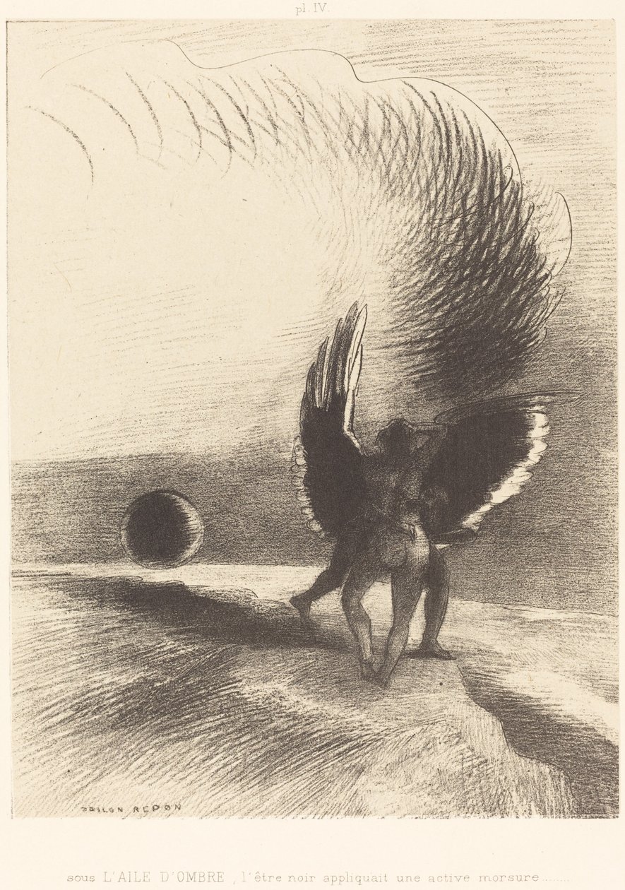 Unter dem Schattenflügel biss die schwarze Kreatur energisch von Odilon Redon