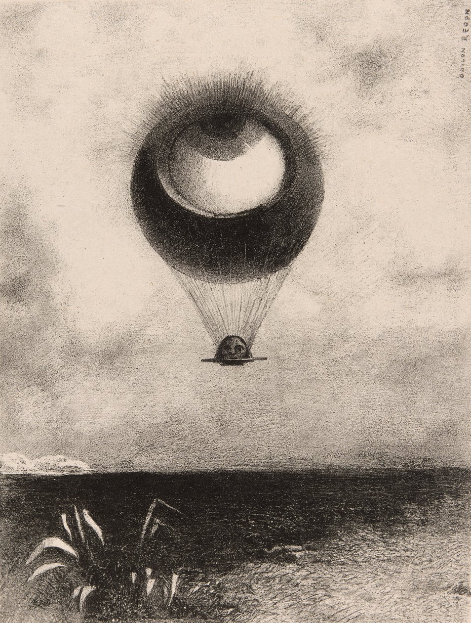 Das Auge, wie ein seltsamer Ballon bewegt sich in Richtung Unendlichkeit, Platte eins aus An Edgar Poe von Odilon Redon