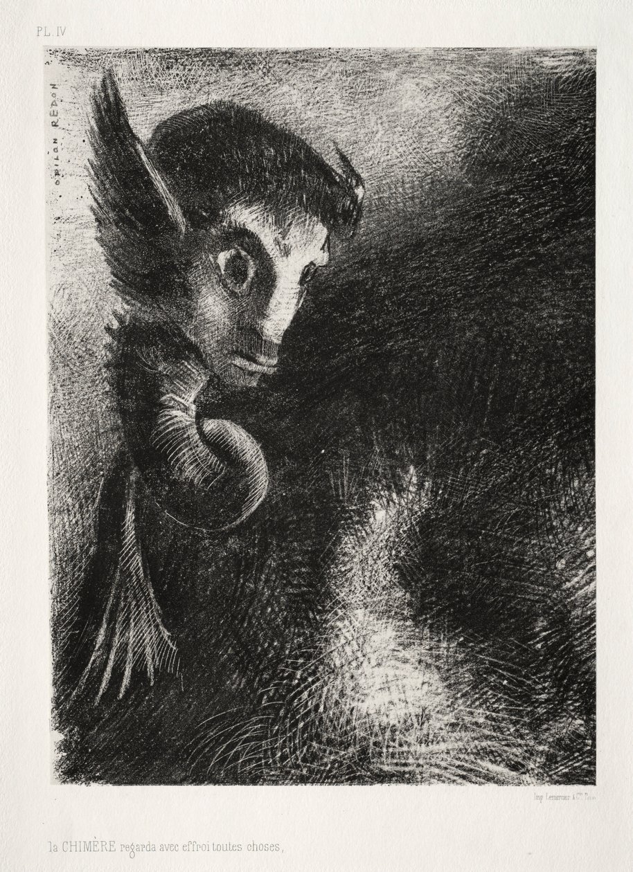 Die Nacht: Die Chimäre betrachtete alles mit Angst, 1886 von Odilon Redon