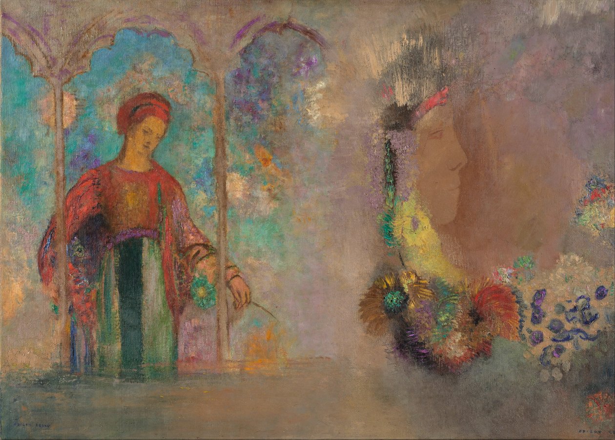Frau in einer gotischen Arkade: Frau mit Blumen von Odilon Redon