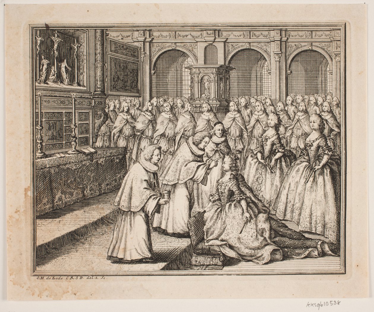 Bischof Hersleb salbt Königin Louise in der Schlosskirche von Frederiksborg. Illustration zur Salbung von Friedrich IV. von Odvardt Helmoldt de Lode