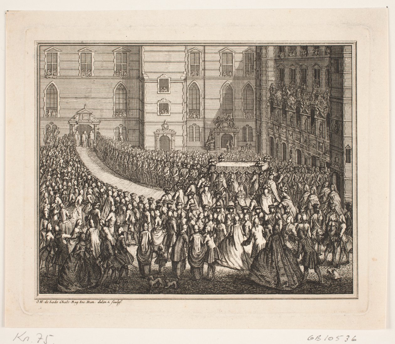 König Frederik V in Prozession zur Salbungszeremonie in der Frederiksborg Schlosskirche. Illustration zur Salbungsakte von Frederik IV von Odvardt Helmoldt de Lode