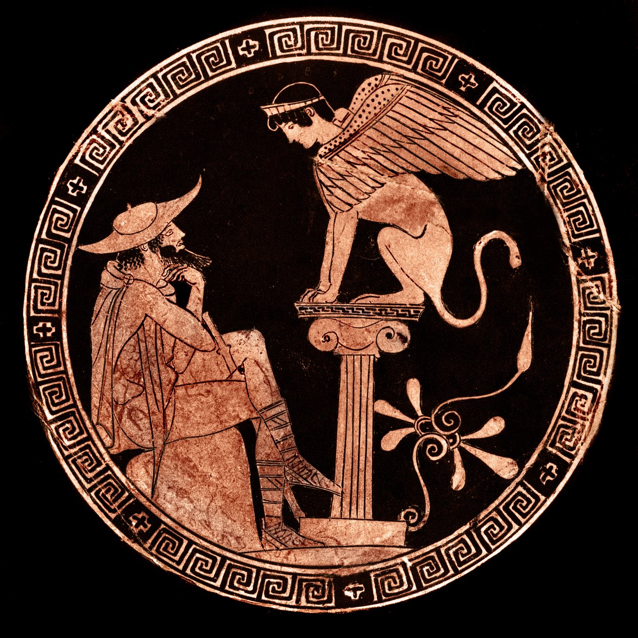 Rotfigurige attische Kylix, die Ödipus und die Sphinx darstellt, Vulci, ca. 470 v. Chr. von Oedipus Painter (attr. to)