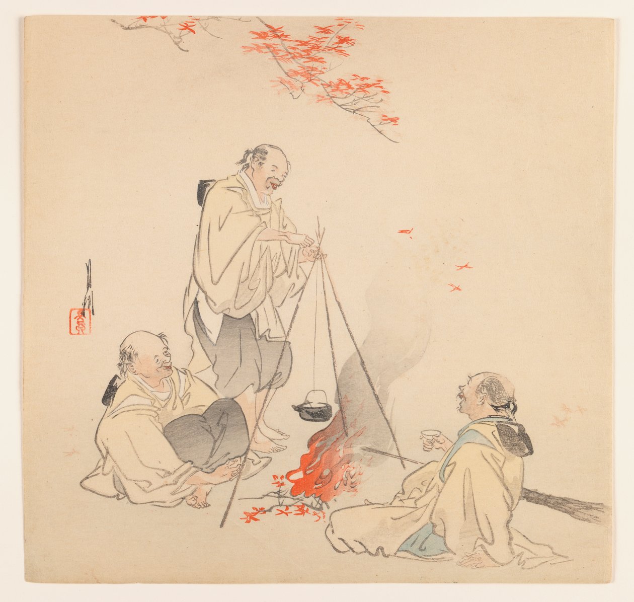 Männer am Feuer im Herbst, ca. 1890-1910 von Ogata Gekko