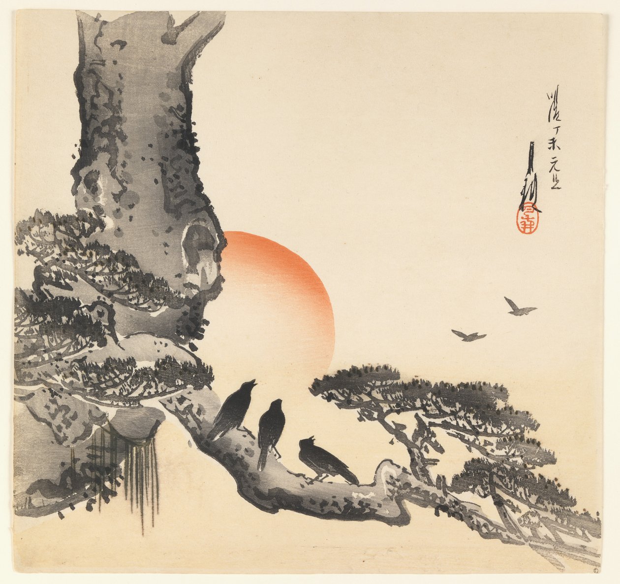 Krähen auf einem Baumstamm, Meiji-Periode von Ogata Gekko
