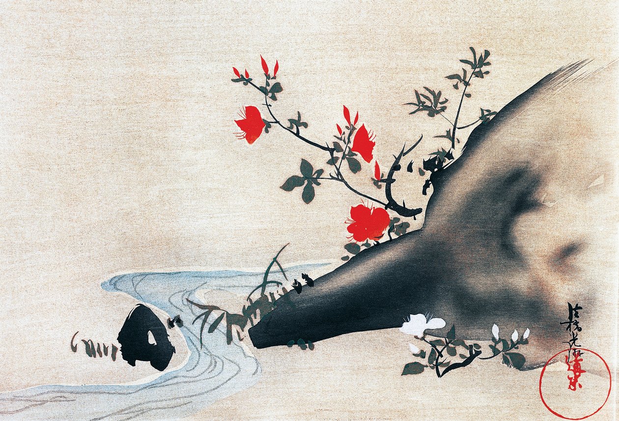 Azaleen und Bach, Kakemonos (hängende Schriftrollen) auf Seide gemalt, Edo-Periode (1603-1868), Japan von Ogata Korin