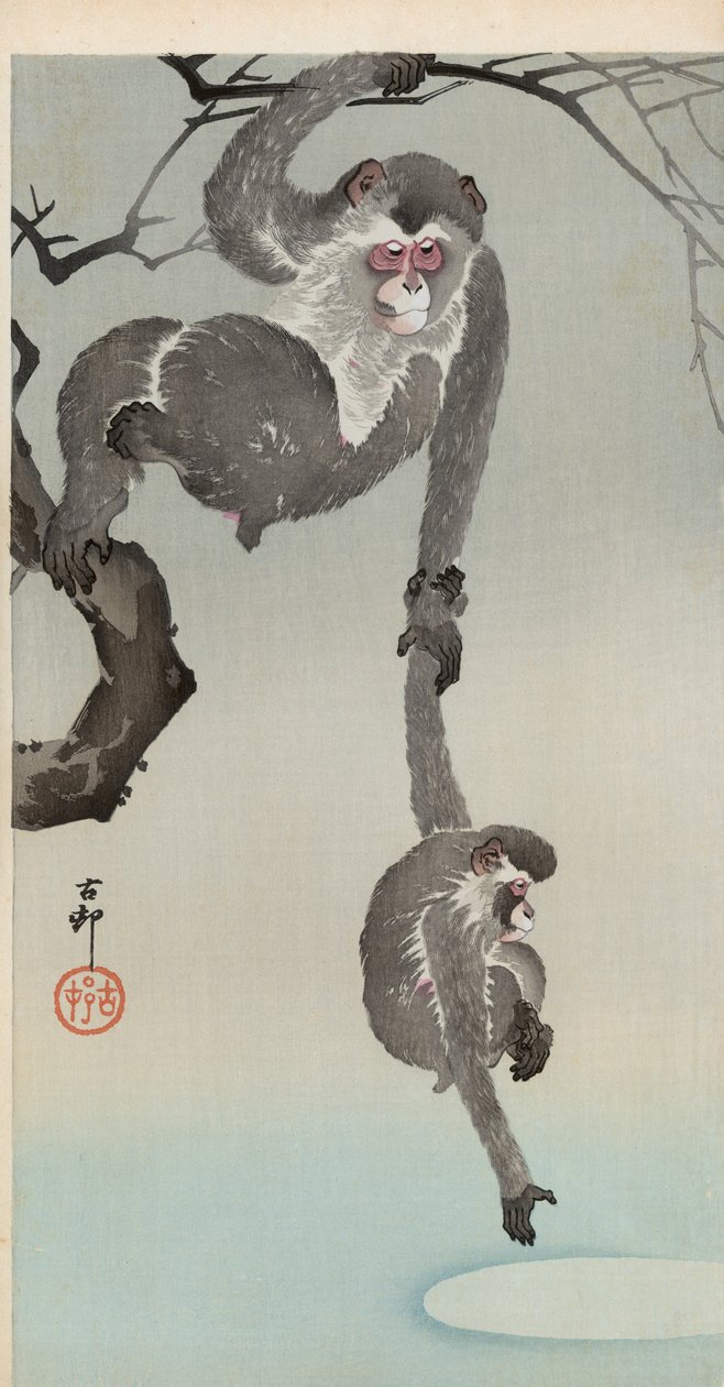 Affe und Baby greifen nach dem Spiegelbild des Mondes von Ohara Koson