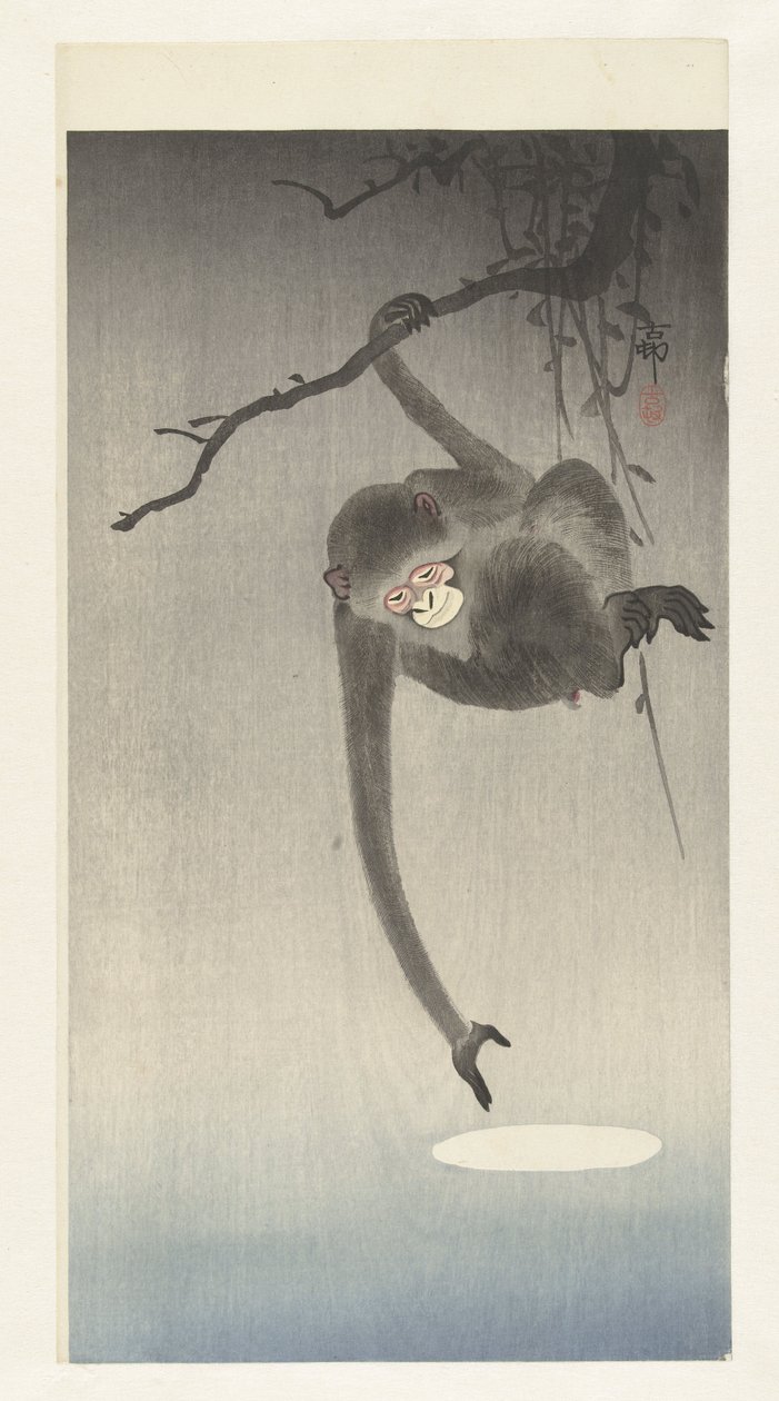 Affe greift nach der Spiegelung des Mondes von Ohara Koson