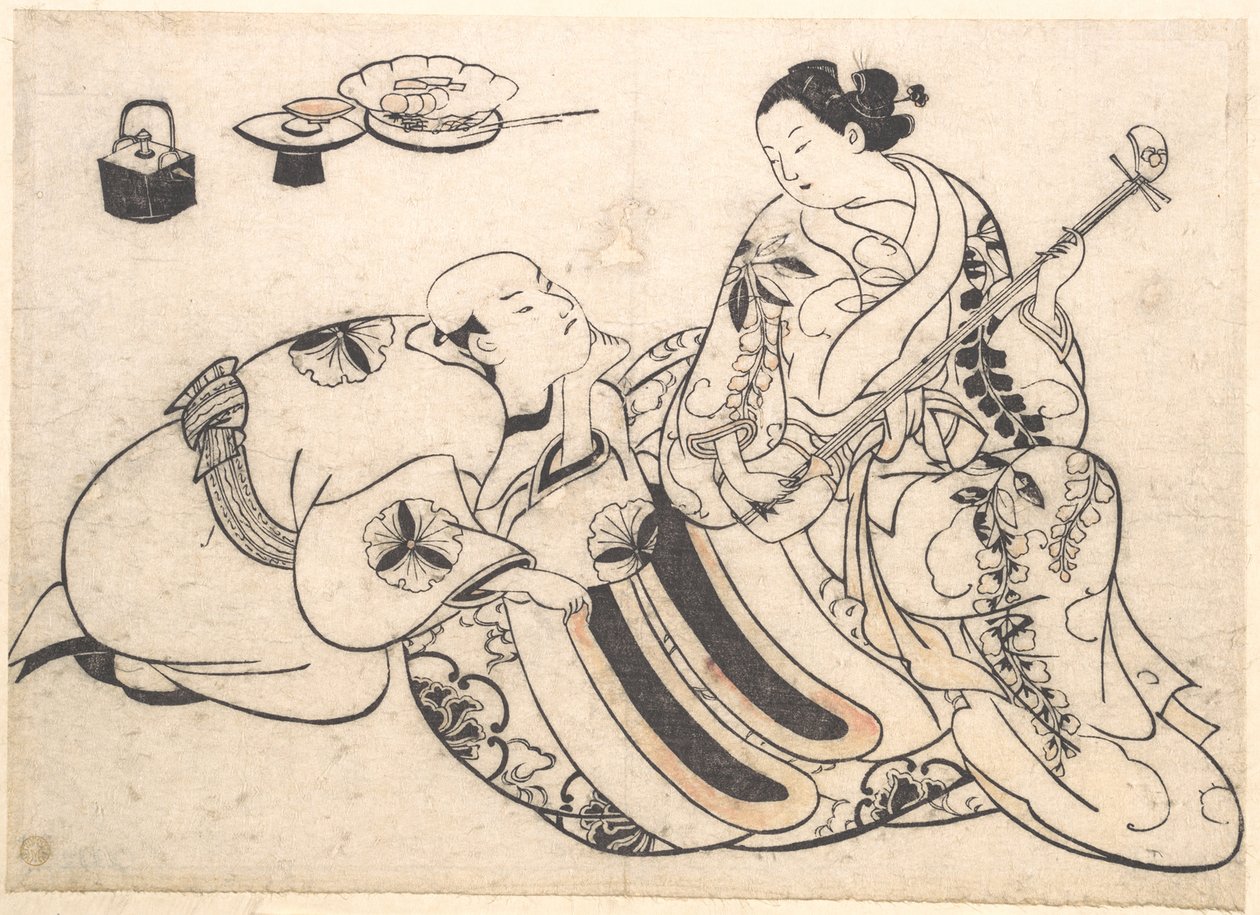 Ein Mann in kniender Haltung, der sich nach vorne beugt und einer Oiran zuhört, die Shamisen spielt von Okumura Masanobu