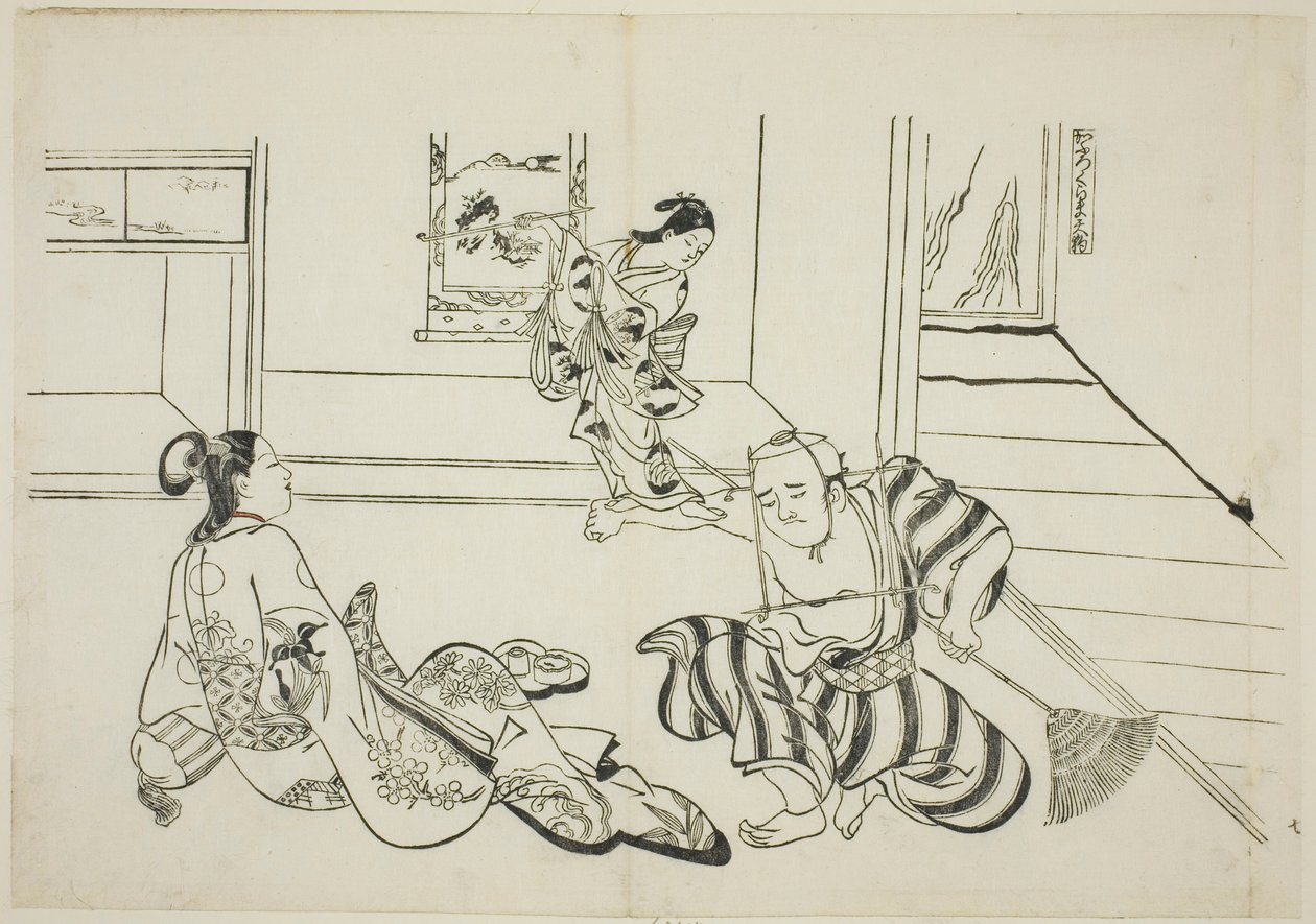 Kindlicher Begleiter und kahler Tengu vom Berg Kurama (Kaburo Kurama Tengu), Nr. 7 aus einer Serie von 12 Drucken, die Parodien von Stücken darstellen von Okumura Masanobu