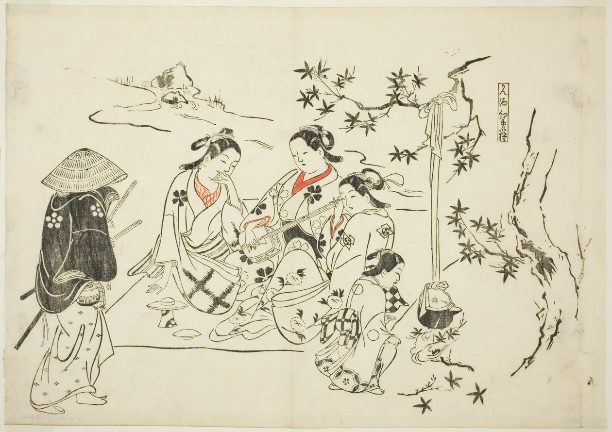 Sake erhitzen mit Ahornblättern (Kanzake momijigari), Nr. 9 aus einer Serie von 12 Drucken, die Parodien von Theaterstücken darstellen von Okumura Masanobu