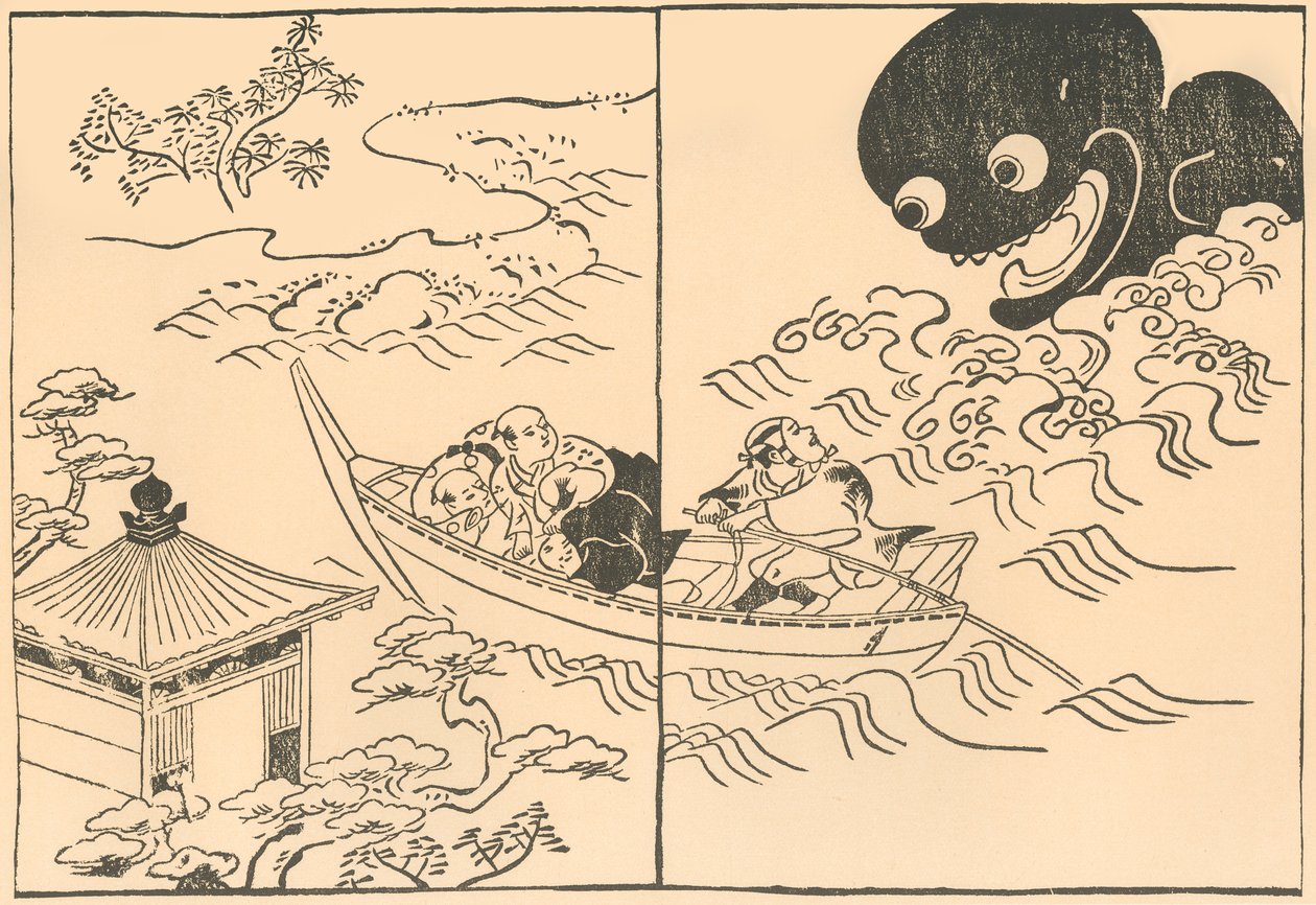 Männer in einem Boot, bedroht von einem Seeungeheuer, frühes bis mittleres 18. Jahrhundert, 1924 von Okumura Masanobu