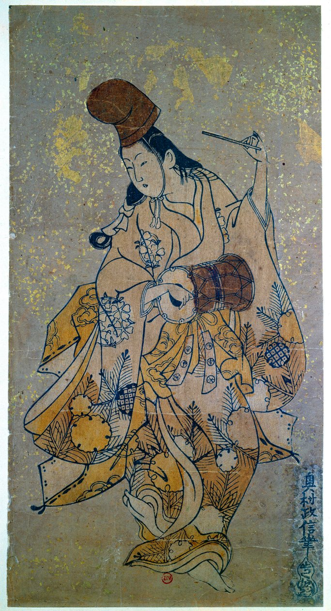 Musikerin. Frau spielt die Trommel. Japanischer Druck von Okumura Masanobu (1686-1764) von Okumura Masanobu