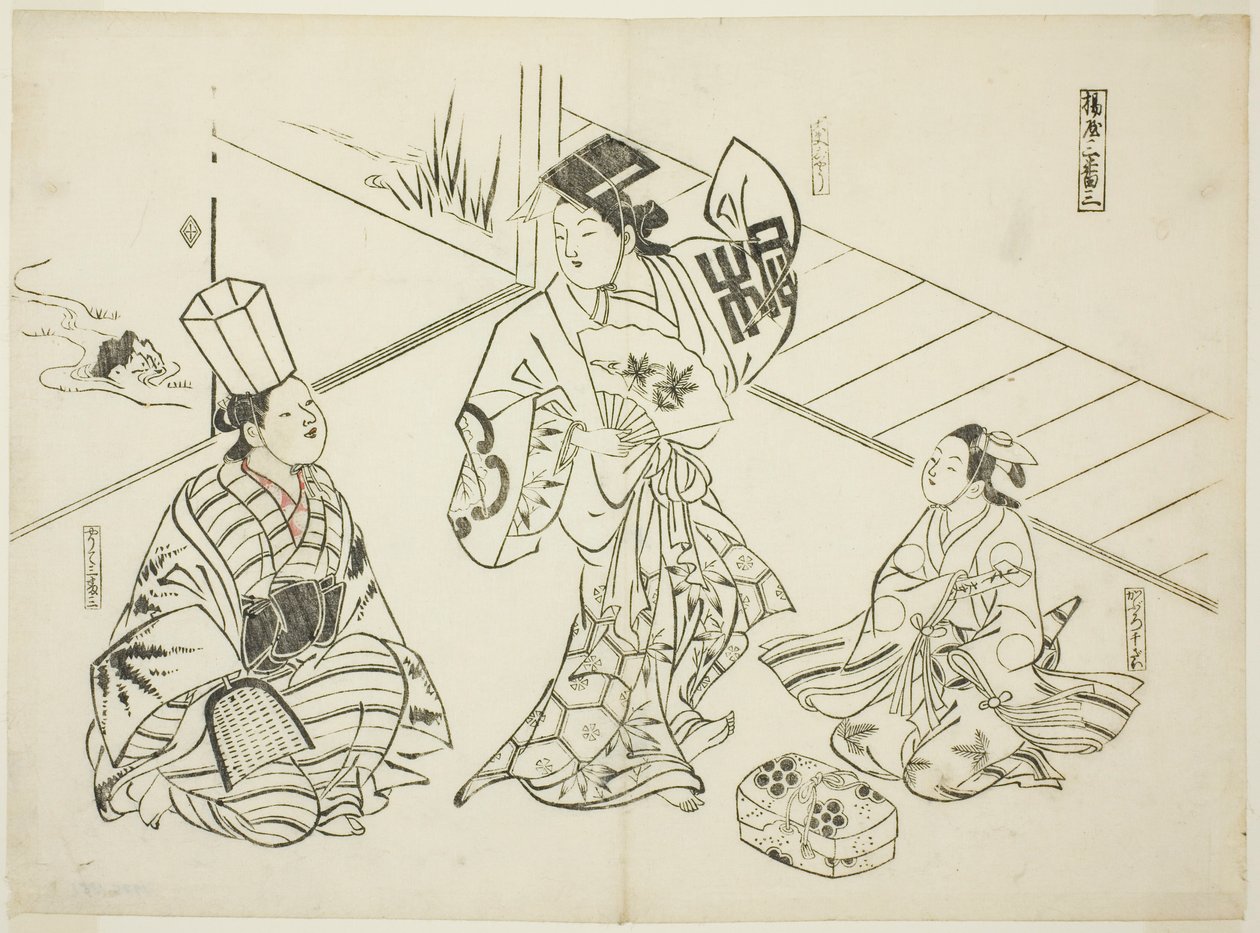 Sanbaso-Tanz in einem Bordell (Ageya sanbaso), Nr. 1 aus einer Serie von 12 Drucken, die Parodien von Theaterstücken darstellen von Okumura Masanobu
