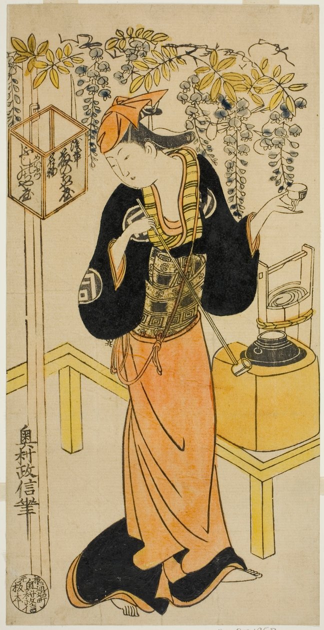 Der Schauspieler Sanogawa Mangiku I als Ohatsu im Stück "Sogazaki Shinju," aufgeführt im Nakamura Theater im vierten Monat, 1719 von Okumura Masanobu