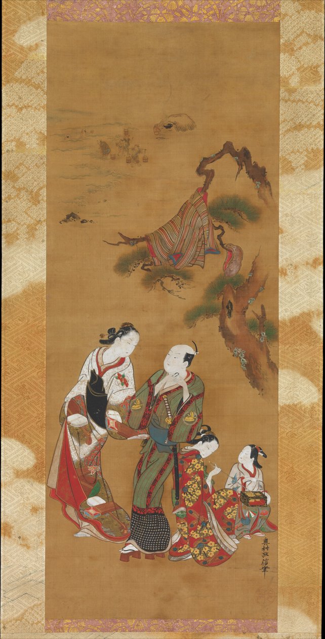 Yukihira und zwei Bräutjungfern in Suma von Okumura Masanobu