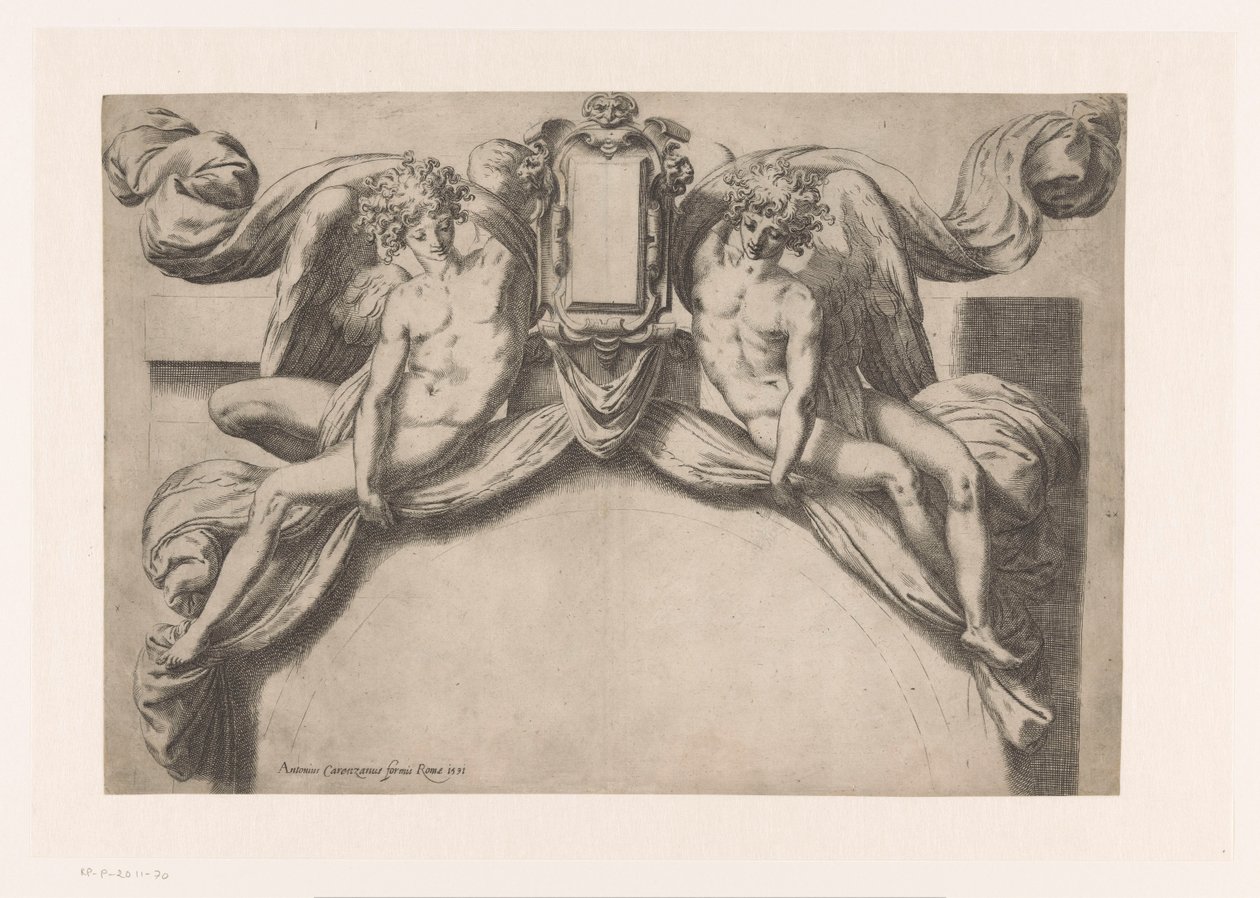 Entwurf für eine Türumrahmung mit zwei Genien, die eine Kartusche halten von Orazio de Santis (attributed to)