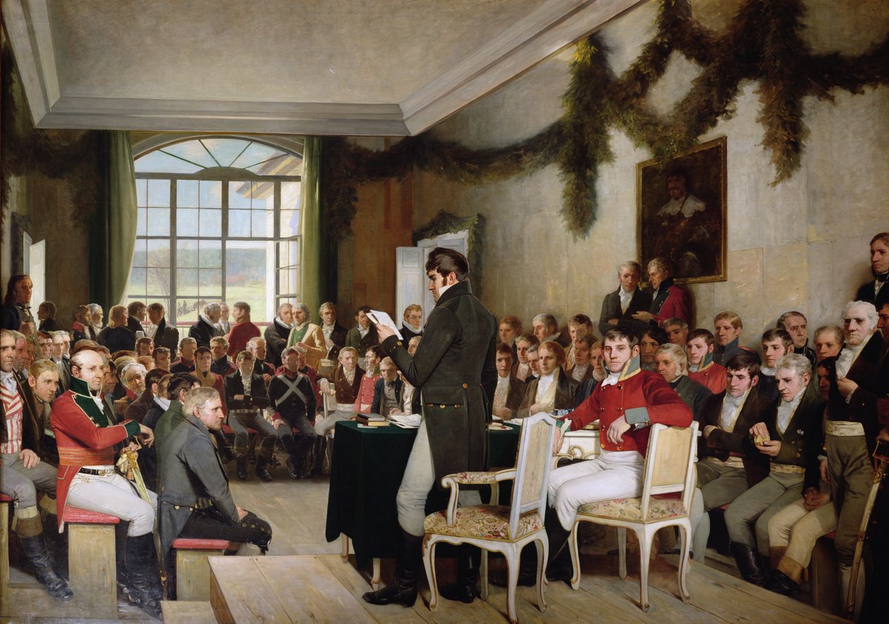 Die Nationalversammlung in Eidsvoll verabschiedet die norwegische Verfassung im Jahr 1814 von Oscar Arnold Wergeland
