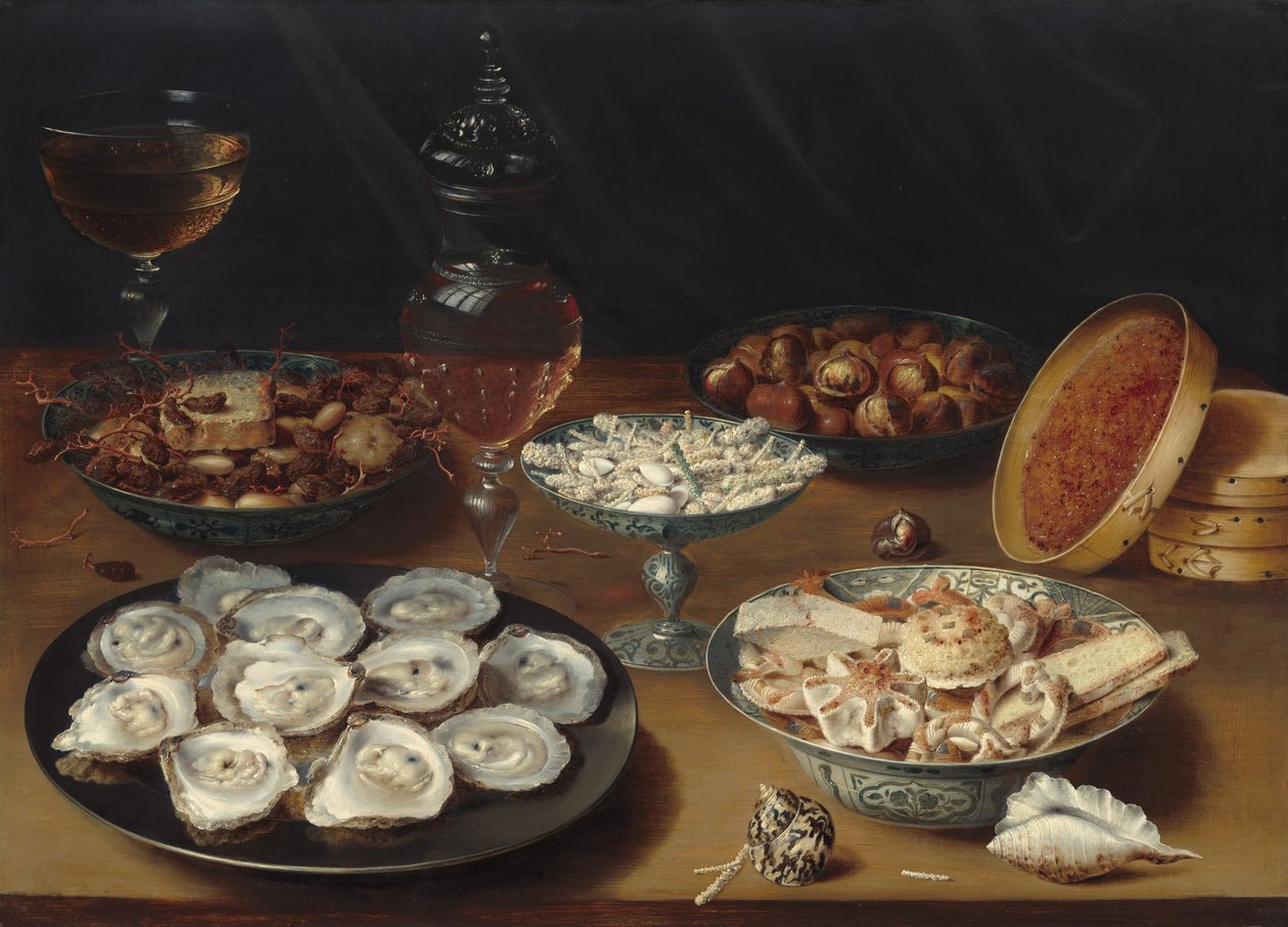 Gerichte mit Austern, Obst und Wein von Osias Beert the Elder