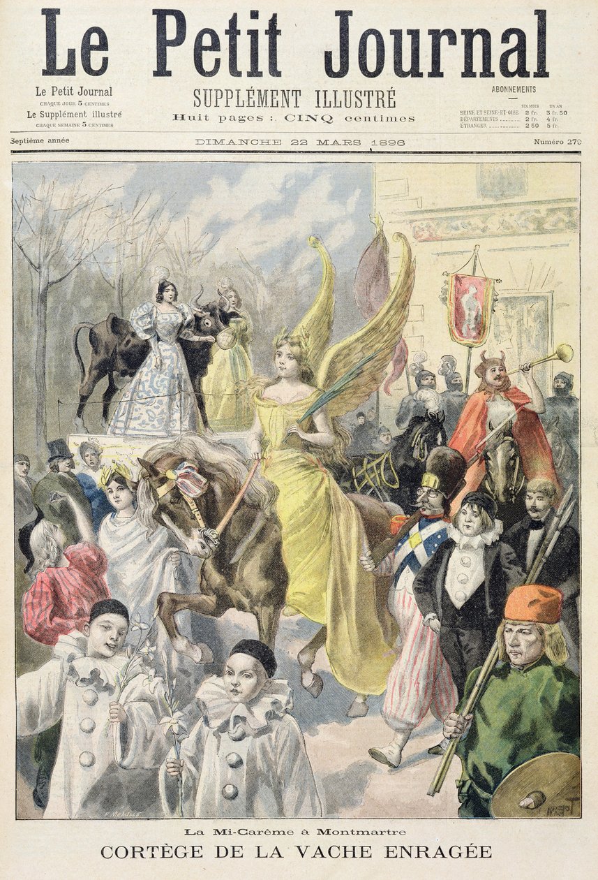 Titelblatt, das die Prozession der verrückten Kuh zeigt, Mitte der Fastenzeit in Montmartre, Illustration aus der illustrierten Beilage von Le Petit Journal, 22. März 1896 von Oswaldo Tofani