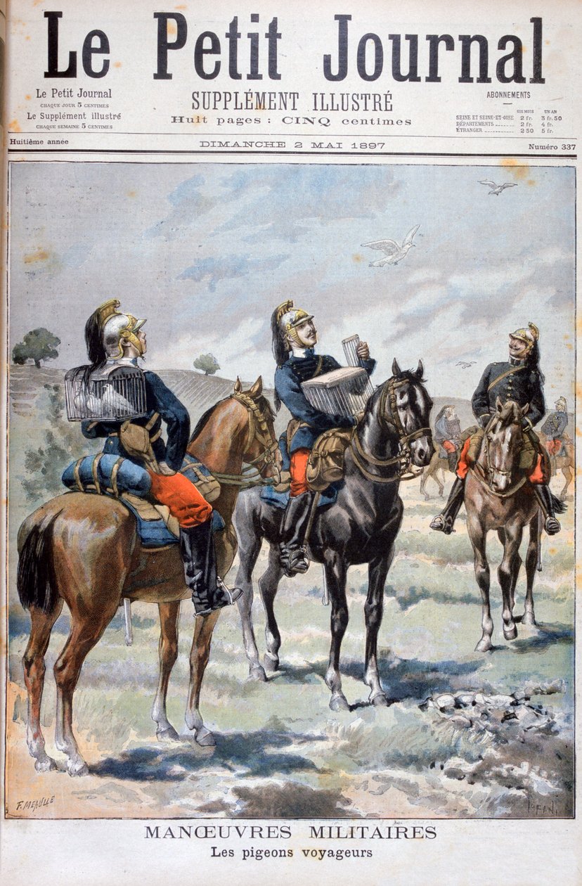 Französische Militärmanöver: Verwendung von Brieftauben zur Kommunikation, 1897 von Oswaldo Tofani
