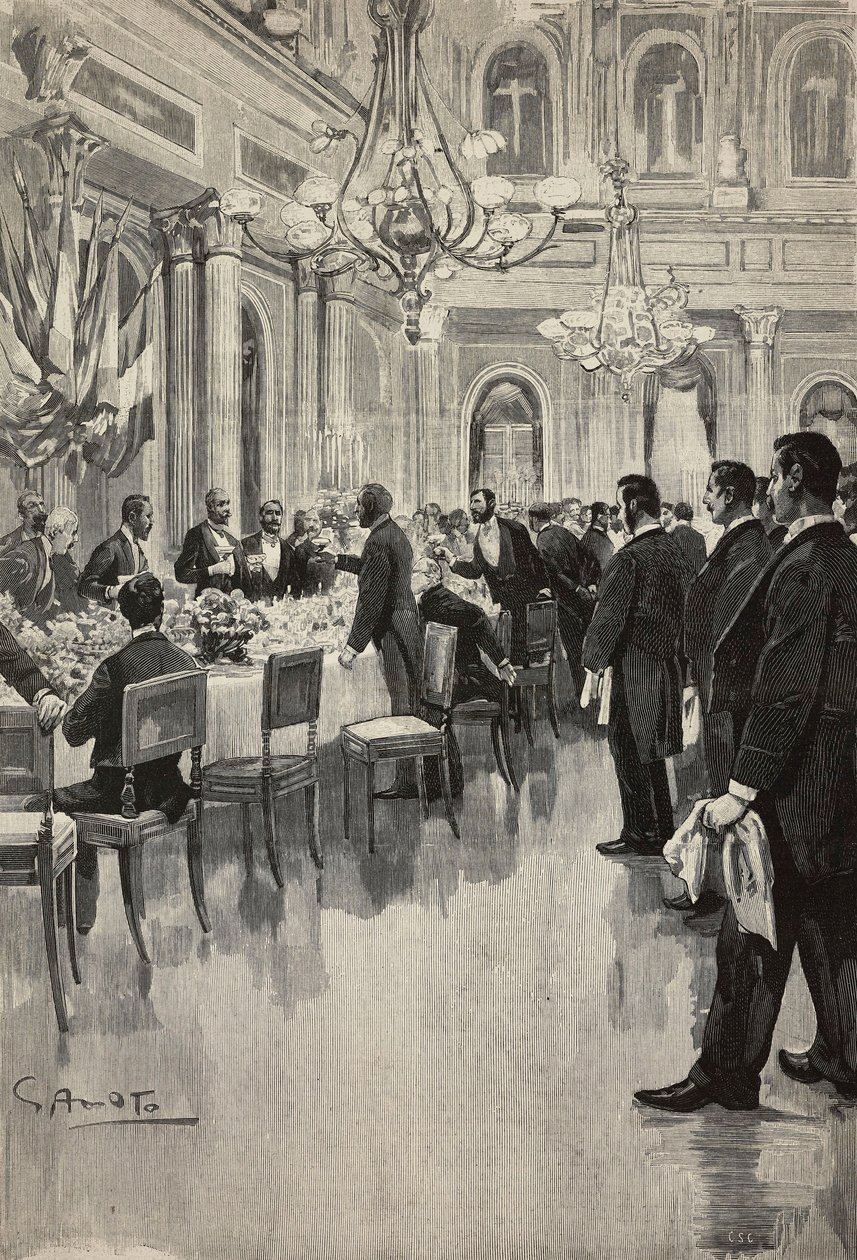 Italienische Diplomaten stoßen zusammen an, Paris, Frankreich, Gravur nach einer Zeichnung von Gennaro Amato, nach einer Skizze von Osvaldo Tofani, aus L