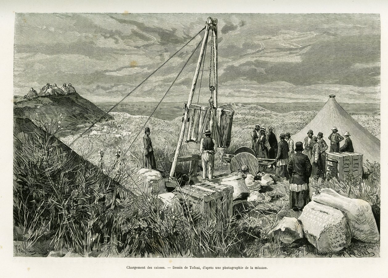 Verladen der Kisten archäologischer Ausgrabungen, Persien. Gravur von Tofani zur Illustration der Geschichte „A Suse“ von Oswaldo Tofani