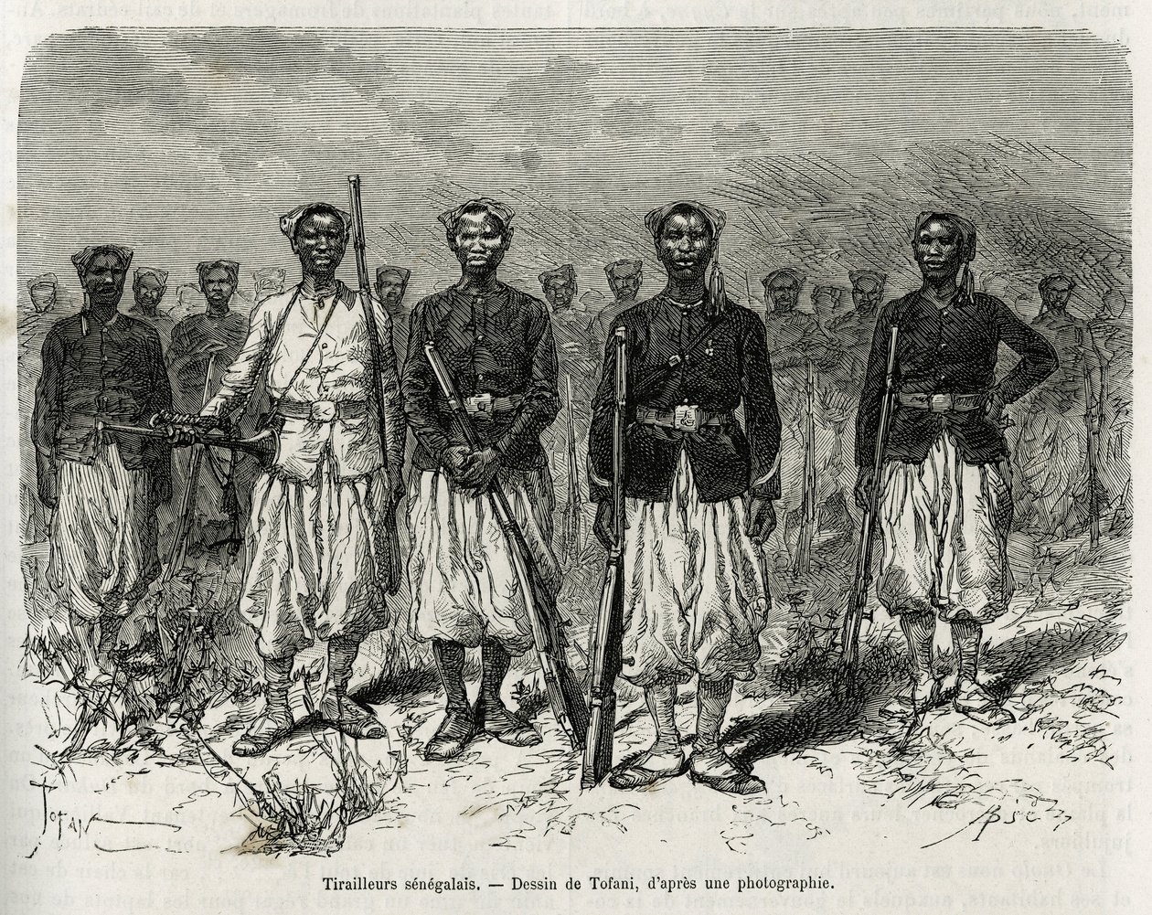 Senegalesische Reiter der Expeditionseskorte. Gravur von Tofani, um die Geschichte der Erkundung im oberen Niger von Kommandant Gallieni, der Marineinfanterie, in 1880-1881 zu illustrieren, veröffentlicht in der Tour du monde, unter der Leitung von Edouard von Oswaldo Tofani