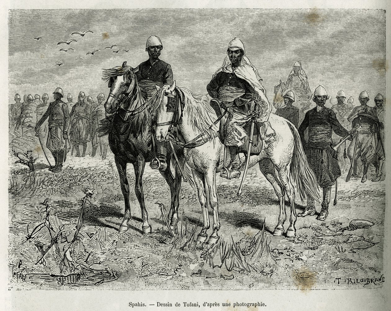 Die Spahis der Expeditionseskorte. Gravur von Tofani, zur Illustration der Geschichte der Erkundung im Oberen Niger, von Kommandant Gallieni, der Marineinfanterie, in 1880-1881, veröffentlicht in Le tour du monde, unter der Leitung von Edouard Charton (180 von Oswaldo Tofani