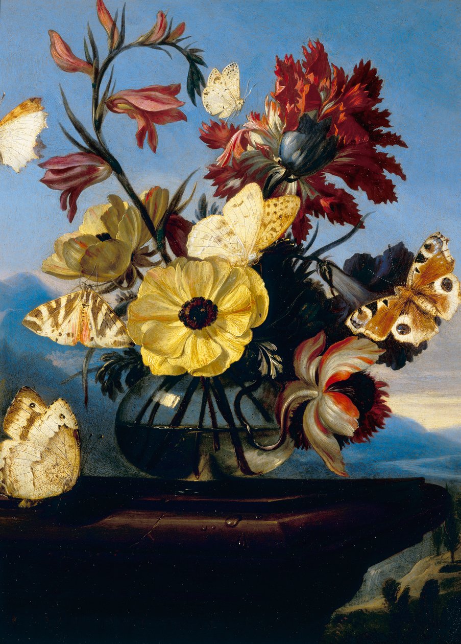 Vase mit Blumen und einem Schmetterling von Otto Marseus  van Schrieck