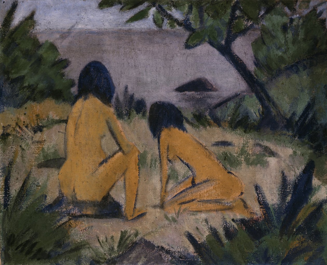Sitzende und kniende Figuren am Ufer der Moritzburger Seen von Otto Mueller