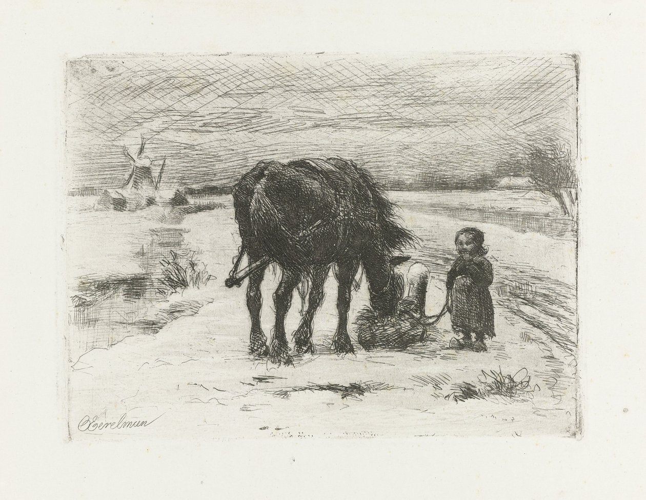 Schneelandschaft mit Kind und Pferd von Otto Eerelman