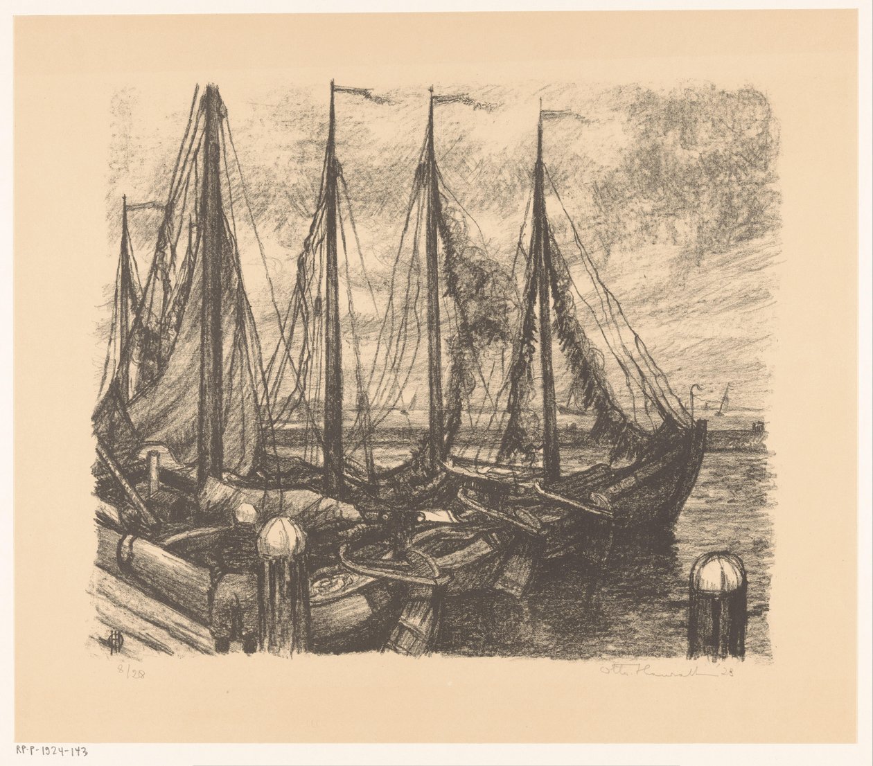 Afgemeerde vissersschepen in een haven von Otto Hanrath (signed by artist)