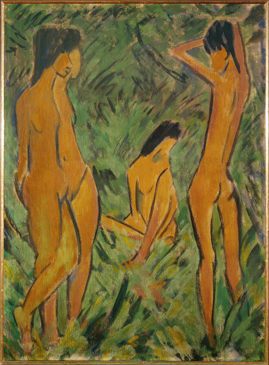 Junge vor zwei Mädchen, eines stehend, eines sitzend von Otto Muller or Mueller