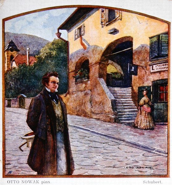 Franz Peter Schubert (1787-1828) vor dem Haus des Schuhmachers, ca. 1910 von Otto Robert Nowak