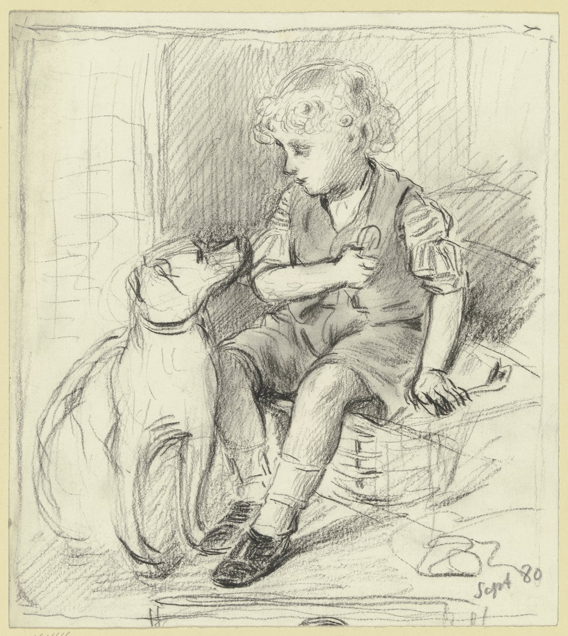 Sitzender Junge mit sitzendem Hund von Otto Scholderer