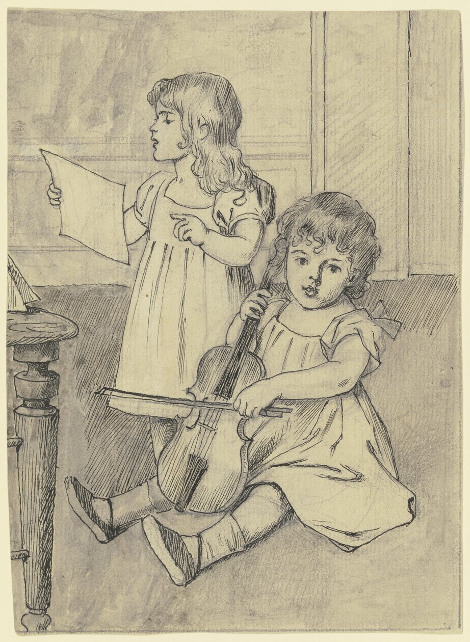 Zwei Kinder, die Musik spielen von Otto Scholderer