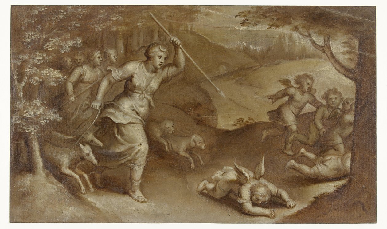 Diana vertreibt Cupido und seine Helfer, die versuchten, sie zu fangen von Otto van Veen
