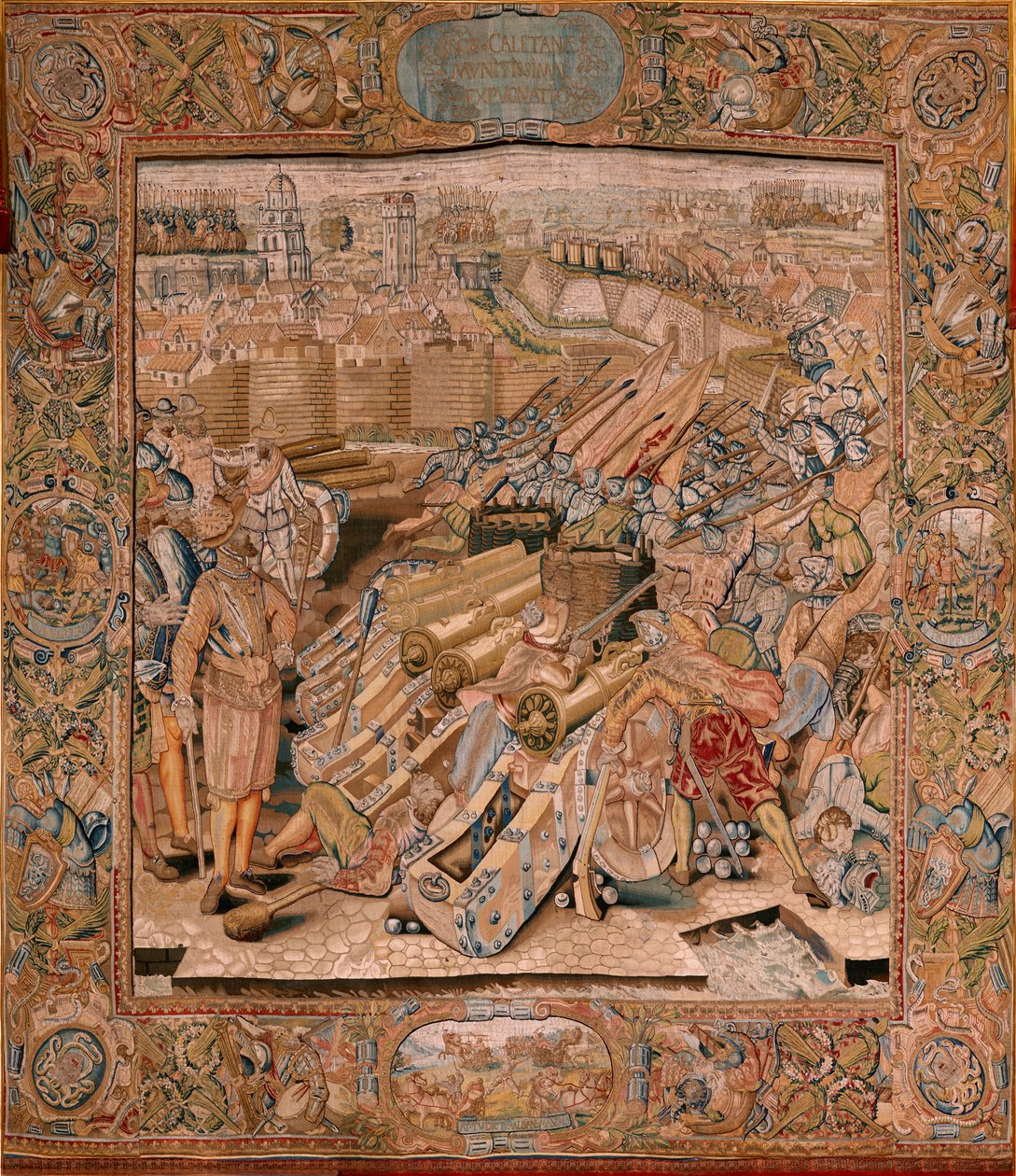 Flemischer Wandteppich. Serie Triumphe und Schlachten des Erzherzogs Albrecht. Angriff auf die Stadt Calais. Zweiter Wandteppich in der Serie. Modell Otto van Veen und Hans I Snellinck. Herstellung Martin Reynbouts, Brüssel. von Otto van Veen
