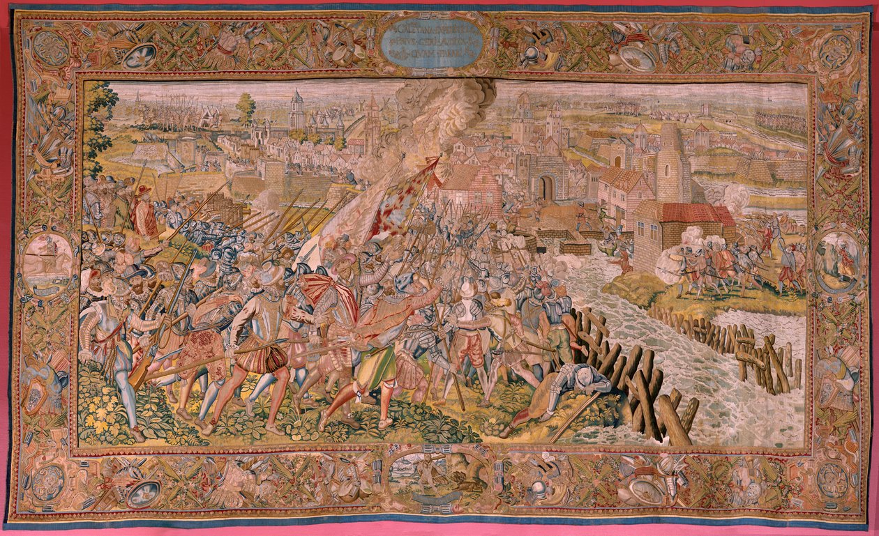 Flämischer Wandteppich. Serie Triumphe und Schlachten von Erzherzog Albrecht. Überraschung bei Calais (La sorpresa de Calais). Erster Wandteppich in der Serie. Modell Otto van Veen und Hans I Snellinck. Herstellung Martin Reynbouts, Brüssel. 1597-1599. Sto von Otto van Veen