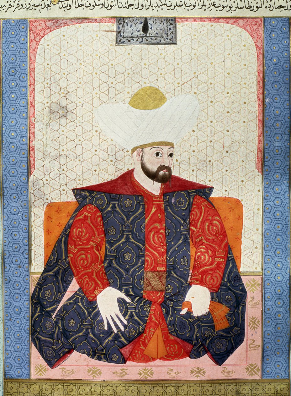Osmanisches Reich: Porträt des osmanischen Sultans Murad I. (1326-1389). Miniatur aus dem Manuskript „Zubdatat-al-Tawarikh“ (Creme der Geschichten) von Historiker Seyyid Loqman Ashuri 1538. Türkisches und Islamisches Kunstmuseum von Ottoman School