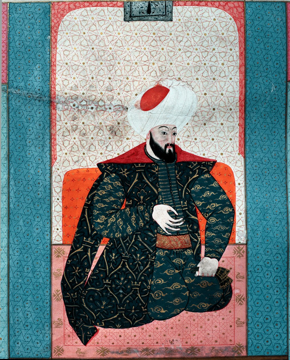 Osmanisches Reich: Porträt von Sultan Osman I, Miniatur aus Zubdat al Tawarikh von Seyyyd Lokman Ashuri, 1583, Istanbul, Türkisch-Islamisches Kunstmuseum von Ottoman School