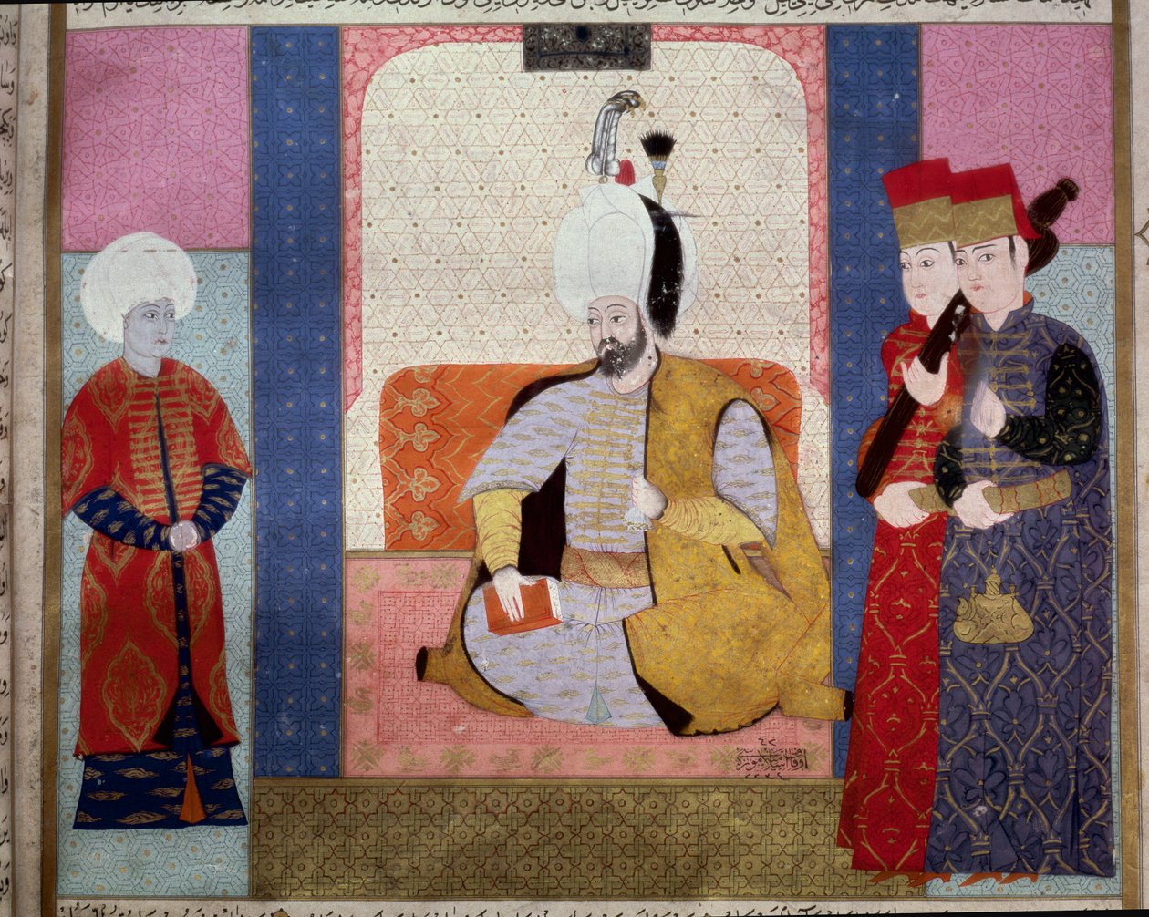 Osmanisches Reich: Sultan Murad III (1546-1595) umgeben von Höflingen. Miniatur aus „Zubdat al Tawarikh“ (Ms. 1973, fol. 59b) von Seyyd Lokman Ashuri 1583 Istanbul, Türkisch-Islamisches Kunstmuseum von Ottoman School
